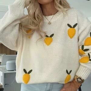 Cream Lemon Knit Sweater Appliqué Fruit Graphic Pullover Cottagecore Boho Top